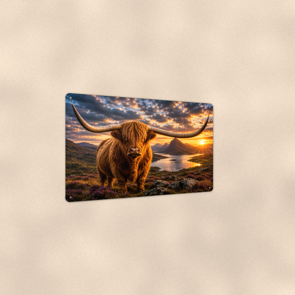Highland Cow Golden Sunset Loch aluminum metal sign 12" x 8" - angled view showing glossy finish