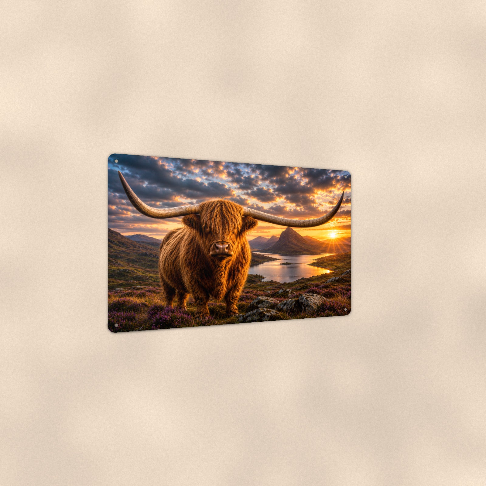 Highland Cow Golden Sunset Loch aluminum metal sign 12" x 8" - angled view showing glossy finish