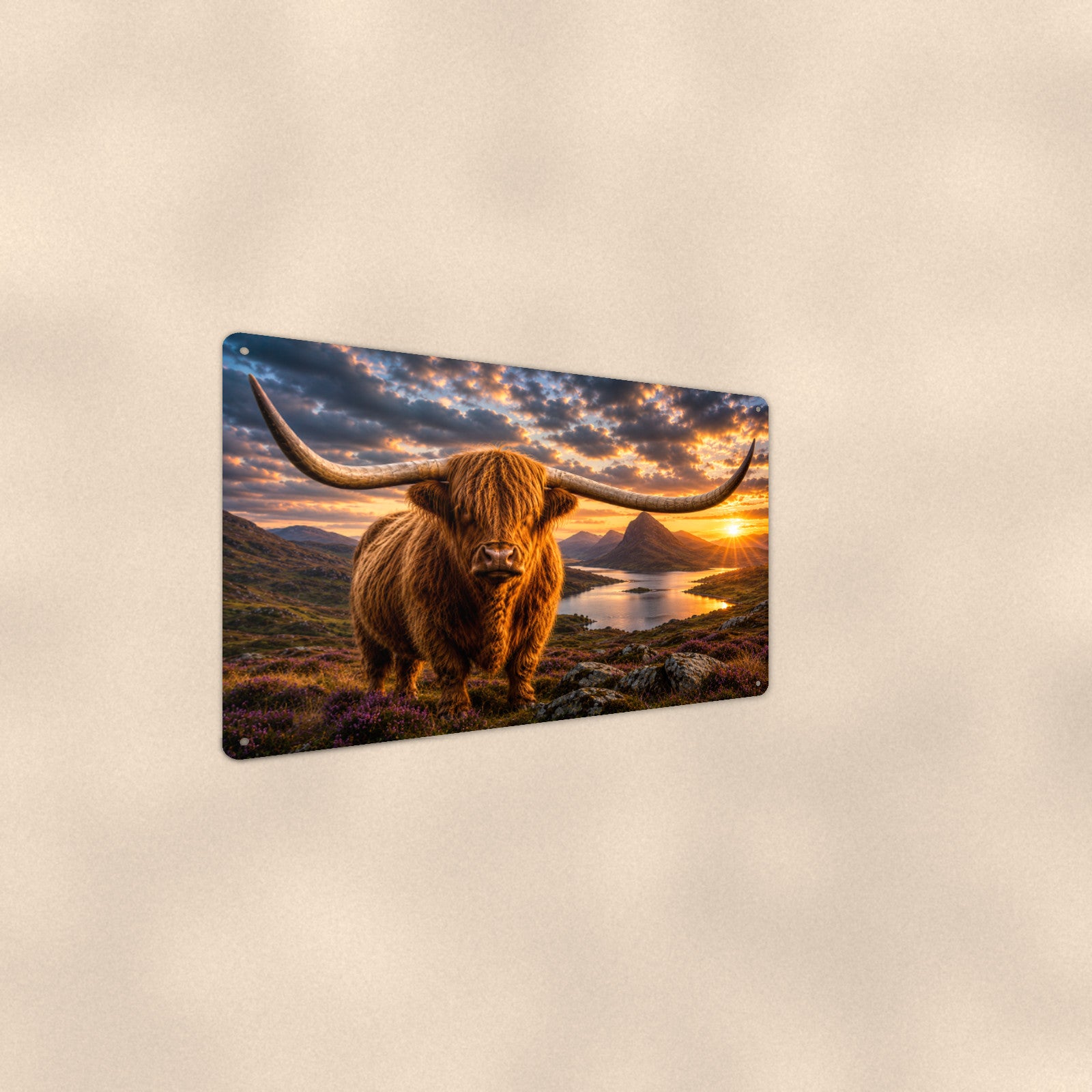 Highland Cow Golden Sunset Loch aluminum metal sign 12" x 8" - detail view of artwork
