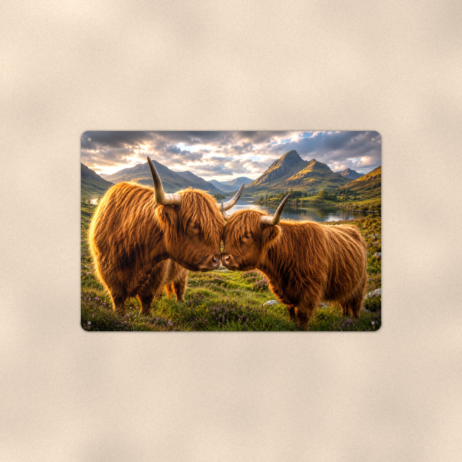 Nuzzling Highland Cow Pair aluminum metal sign 12" x 8" - front view on warm wall
