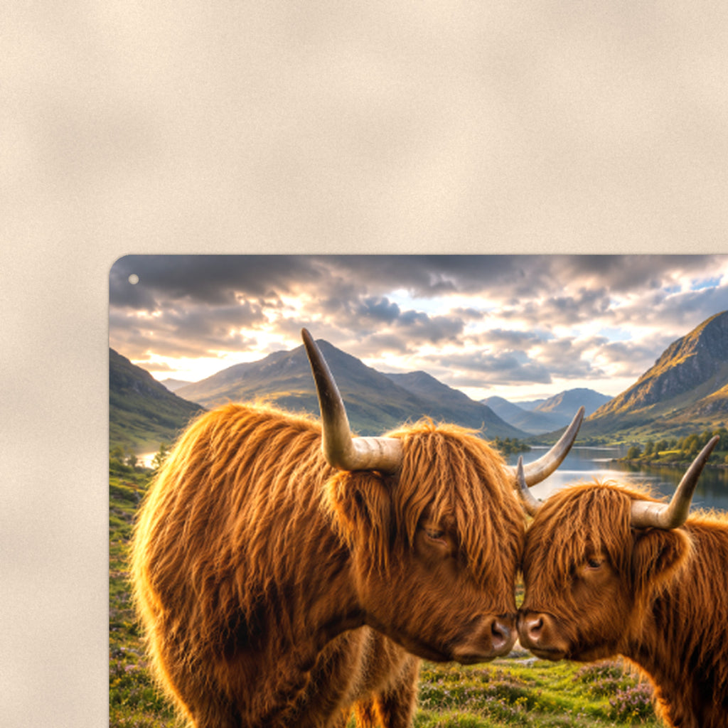 Nuzzling Highland Cow Pair aluminum metal sign 12" x 8" - close-up of rounded corner and mounting hole