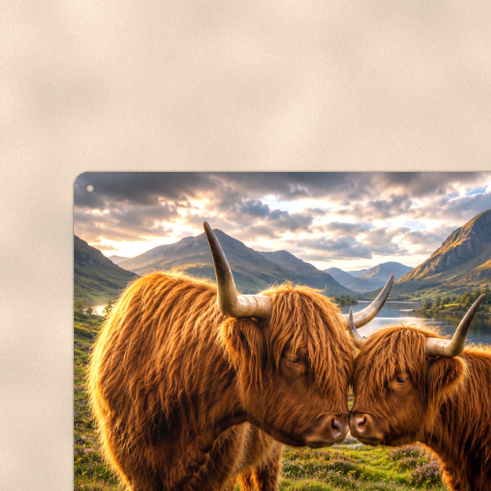 Nuzzling Highland Cow Pair aluminum metal sign 12" x 8" - close-up of rounded corner and mounting hole