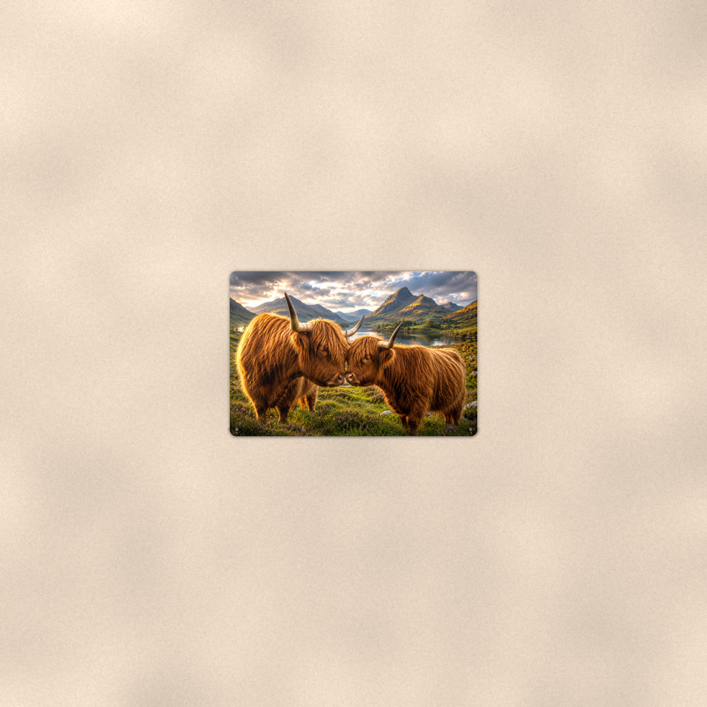 Nuzzling Highland Cow Pair aluminum metal sign 12" x 8" - room view on warm wall