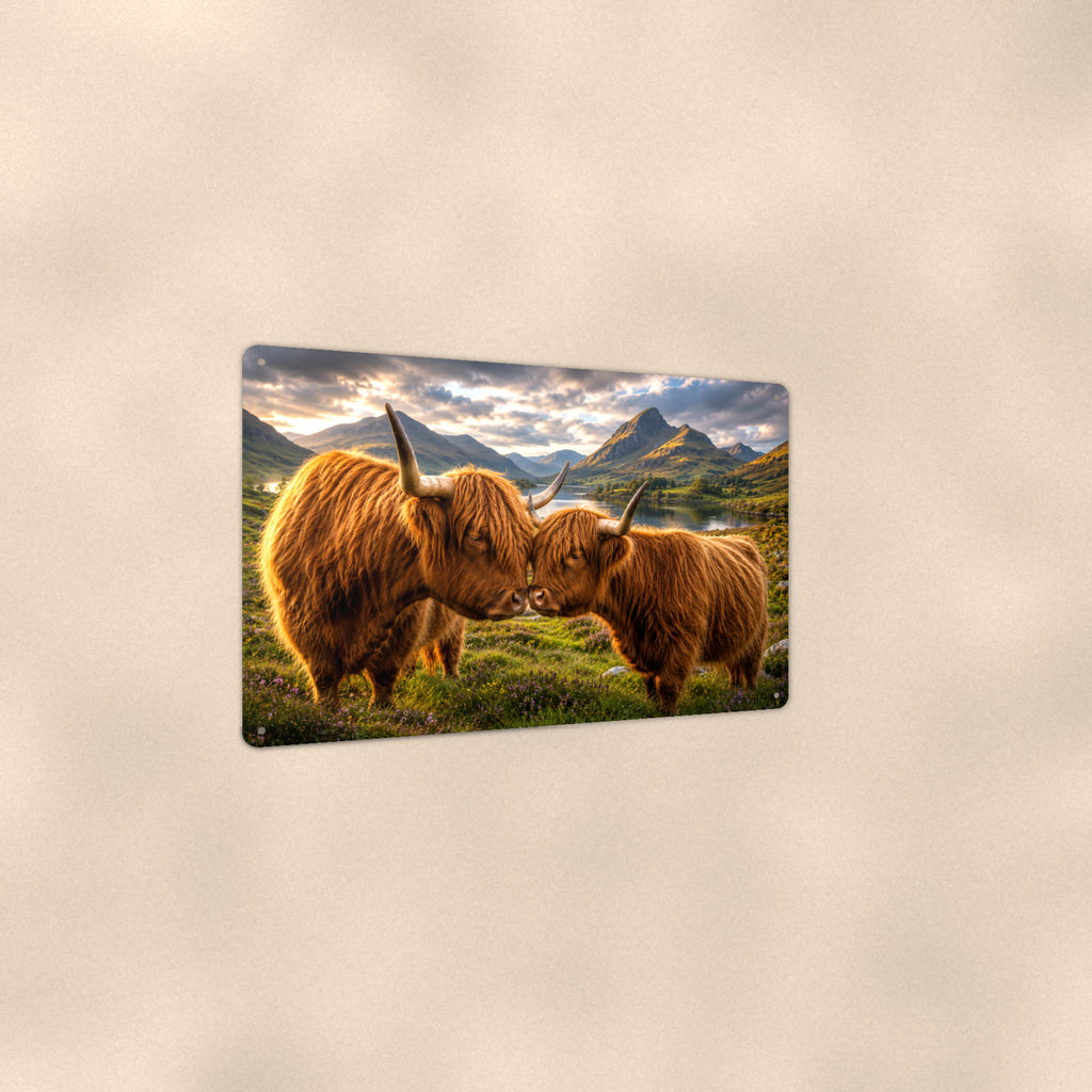 Nuzzling Highland Cow Pair aluminum metal sign 12" x 8" - angled view showing glossy finish