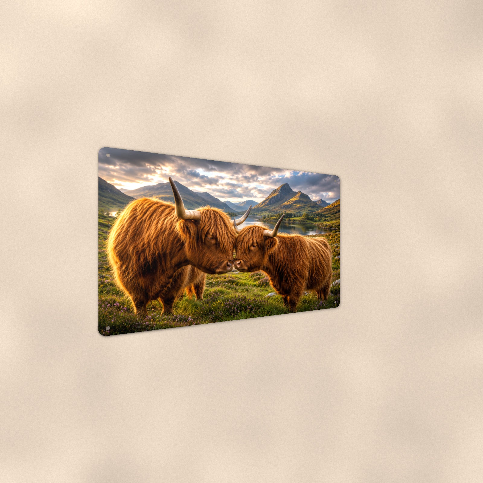 Nuzzling Highland Cow Pair aluminum metal sign 12" x 8" - detail view of artwork
