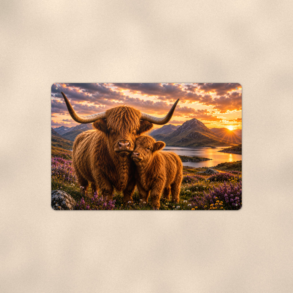 Highland Cow Mother and Calf at Sunset aluminum metal sign 12" x 8" - front view on warm wall