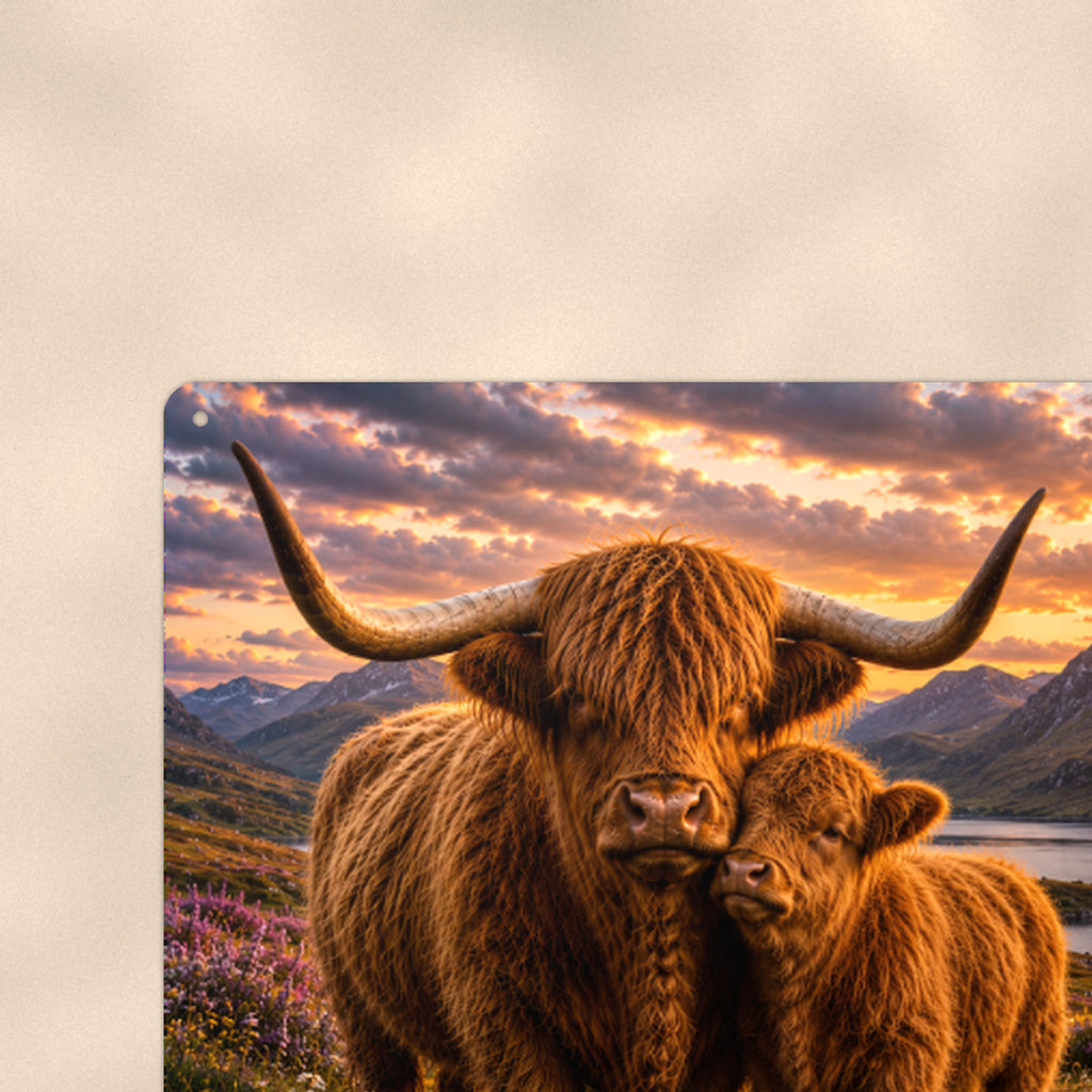 Highland Cow Mother and Calf at Sunset aluminum metal sign 12" x 8" - close-up view of the printed artwork
