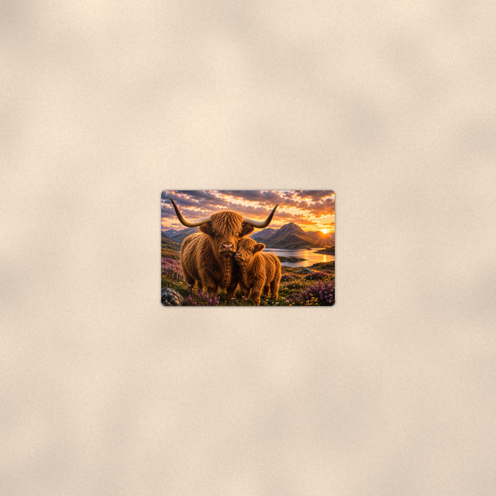 Highland Cow Mother and Calf at Sunset aluminum metal sign 12" x 8" - room view on warm wall