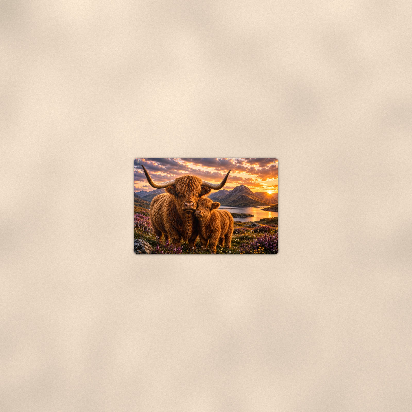 Highland Cow Mother and Calf at Sunset aluminum metal sign 12" x 8" - room view on warm wall