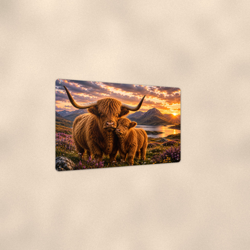 Highland Cow Mother and Calf at Sunset aluminum metal sign 12" x 8" - angled view showing glossy finish