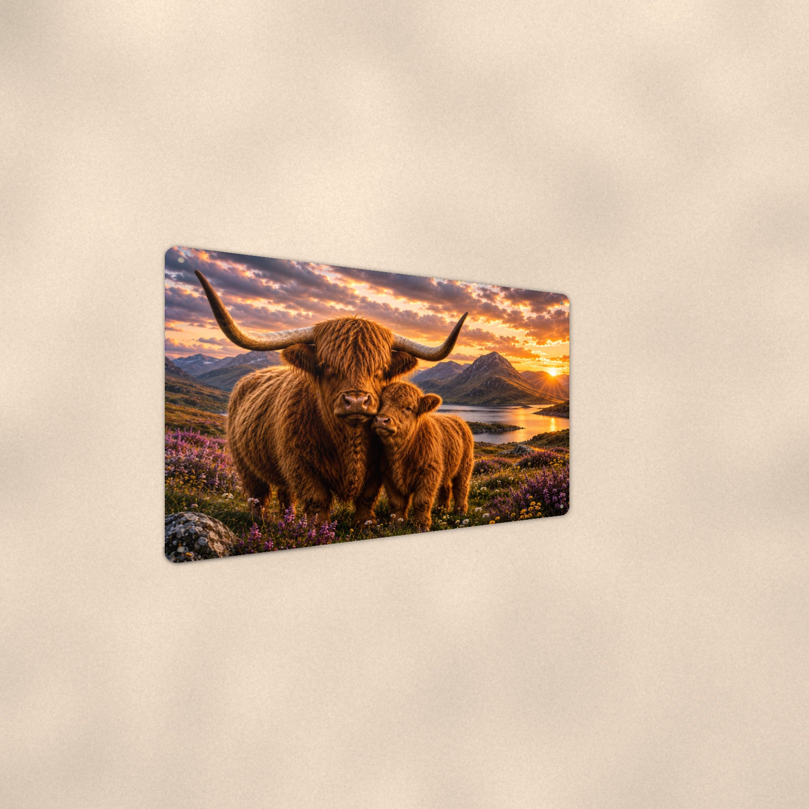 Highland Cow Mother and Calf at Sunset aluminum metal sign 12" x 8" - angled wall view from a wider angle