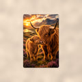 Highland Cow Mother and Calf in Heather aluminum metal sign 8" x 12" - front view on warm wall