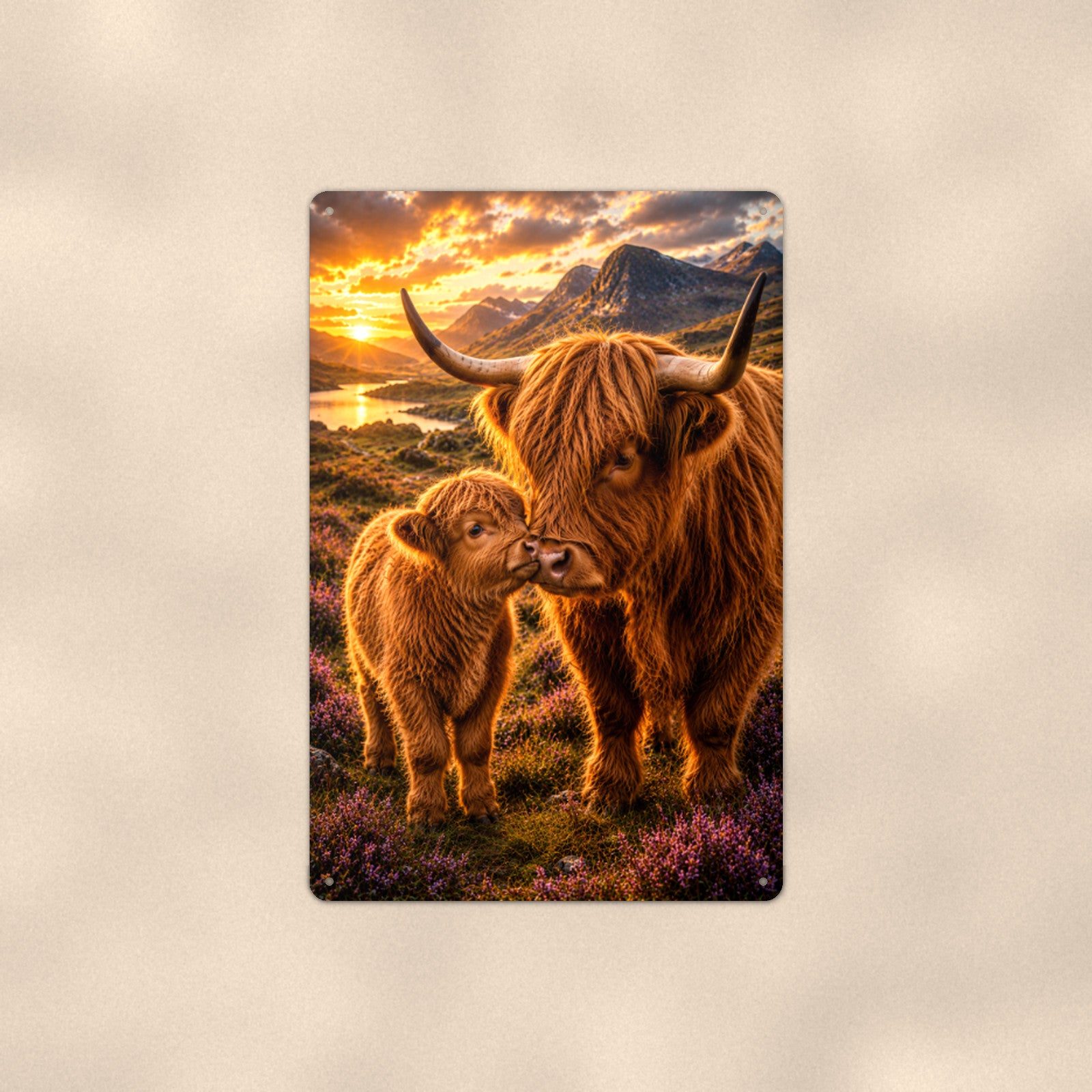 Highland Cow Mother and Calf in Heather aluminum metal sign 8" x 12" - front view on warm wall
