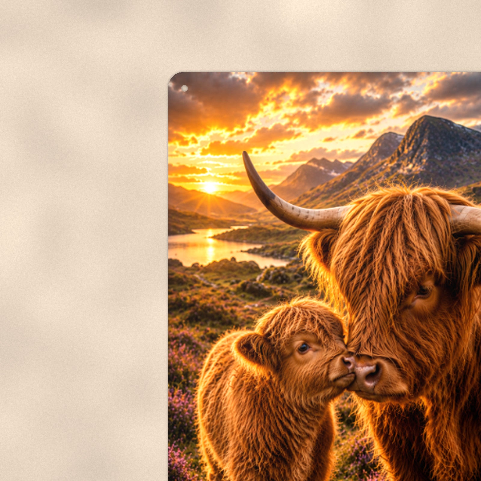 Highland Cow Mother and Calf in Heather aluminum metal sign 8" x 12" - close-up view of the printed artwork