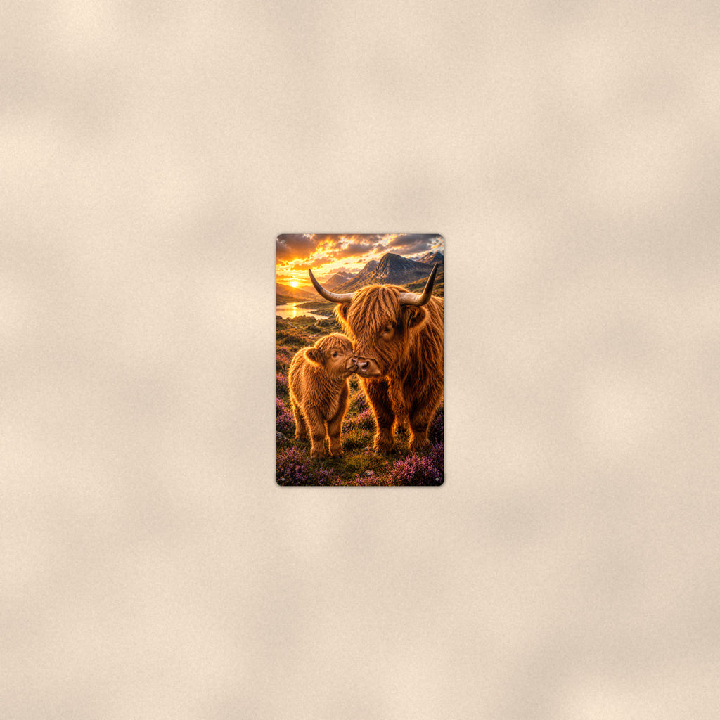 Highland Cow Mother and Calf in Heather aluminum metal sign 8" x 12" - room view on warm wall