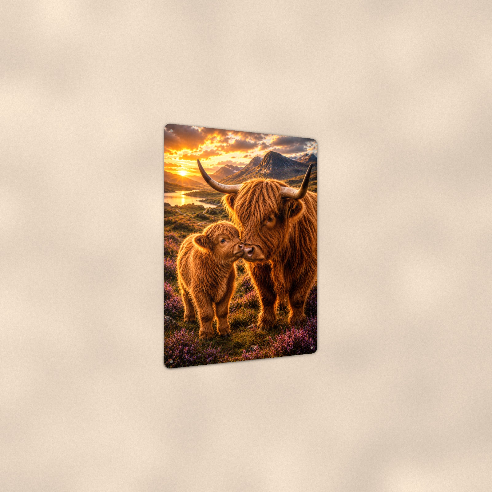 Highland Cow Mother and Calf in Heather aluminum metal sign 8" x 12" - angled view showing glossy finish