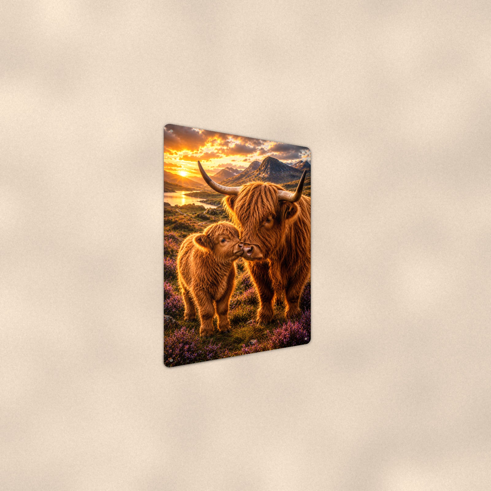 Highland Cow Mother and Calf in Heather aluminum metal sign 8" x 12" - angled wall view from a wider angle