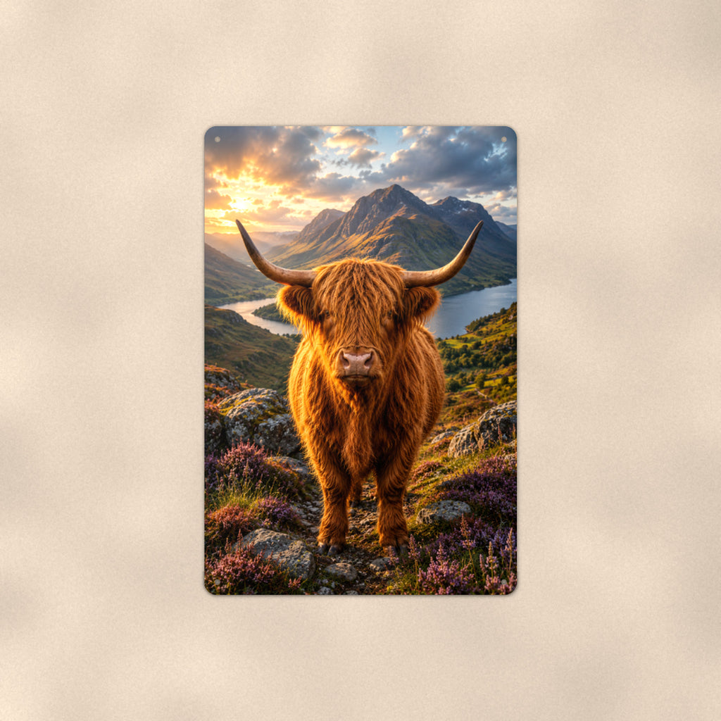 Highland Cow Above the Loch aluminum metal sign 8" x 12" - front view on warm wall