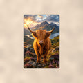 Highland Cow Above the Loch aluminum metal sign 8" x 12" - front view on warm wall