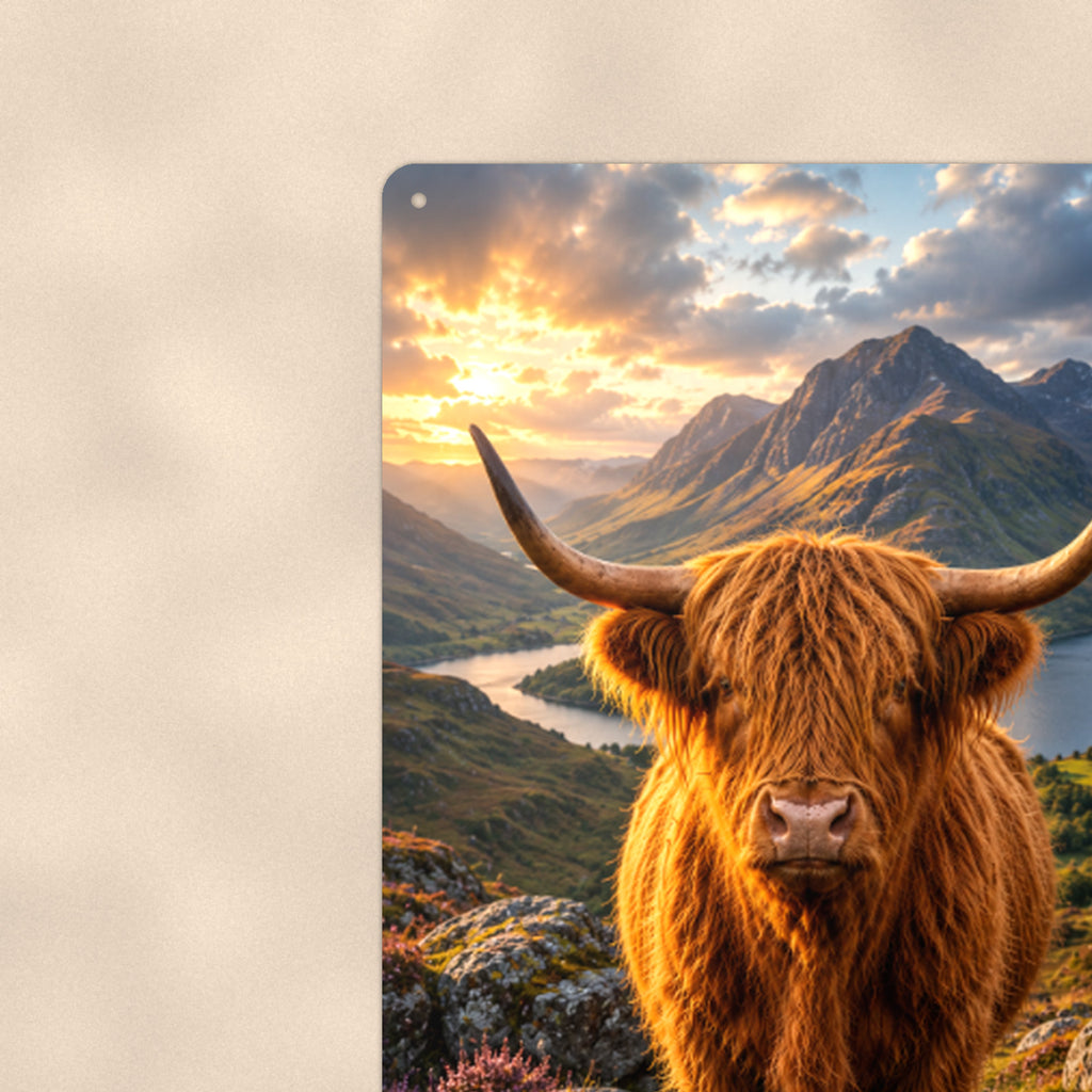 Highland Cow Above the Loch aluminum metal sign 8" x 12" - close-up view of the printed artwork