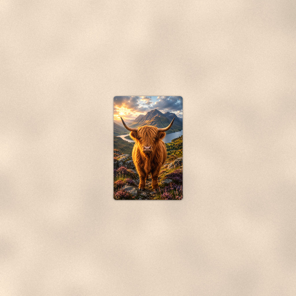 Highland Cow Above the Loch aluminum metal sign 8" x 12" - room view on warm wall