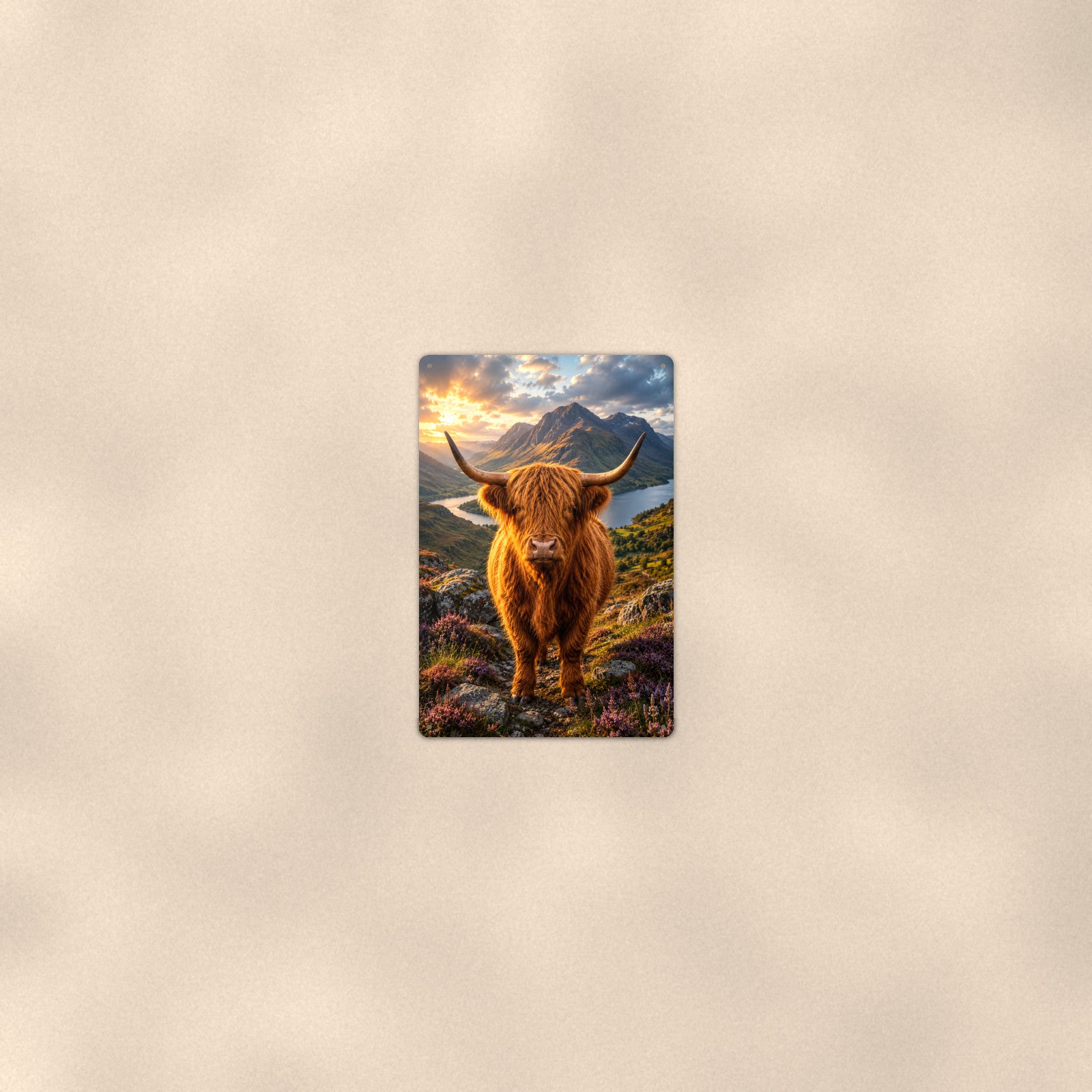 Highland Cow Above the Loch aluminum metal sign 8" x 12" - room view on warm wall
