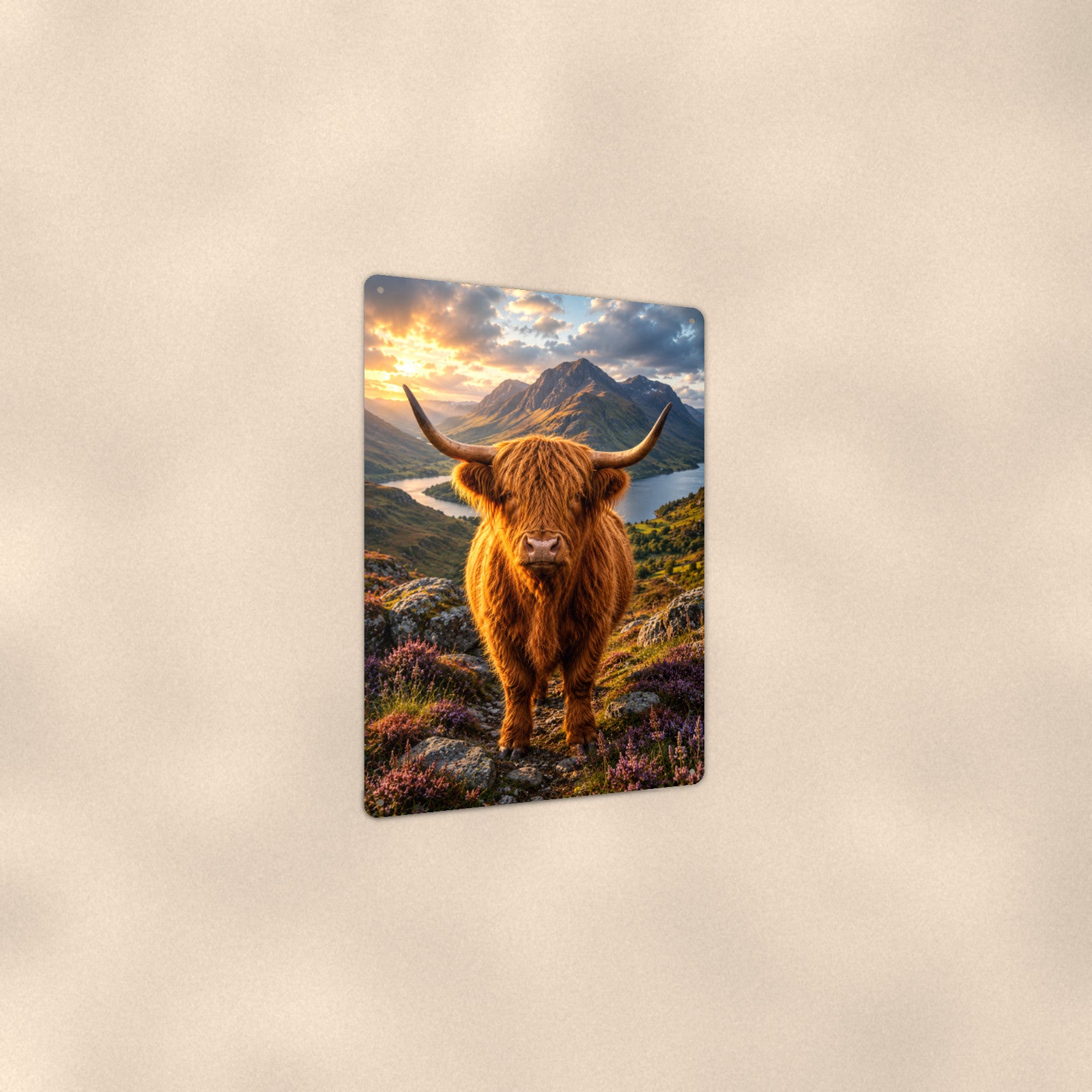 Highland Cow Above the Loch aluminum metal sign 8" x 12" - angled view showing glossy finish