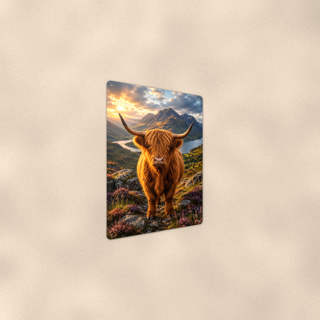 Highland Cow Above the Loch aluminum metal sign 8" x 12" - angled wall view from a wider angle