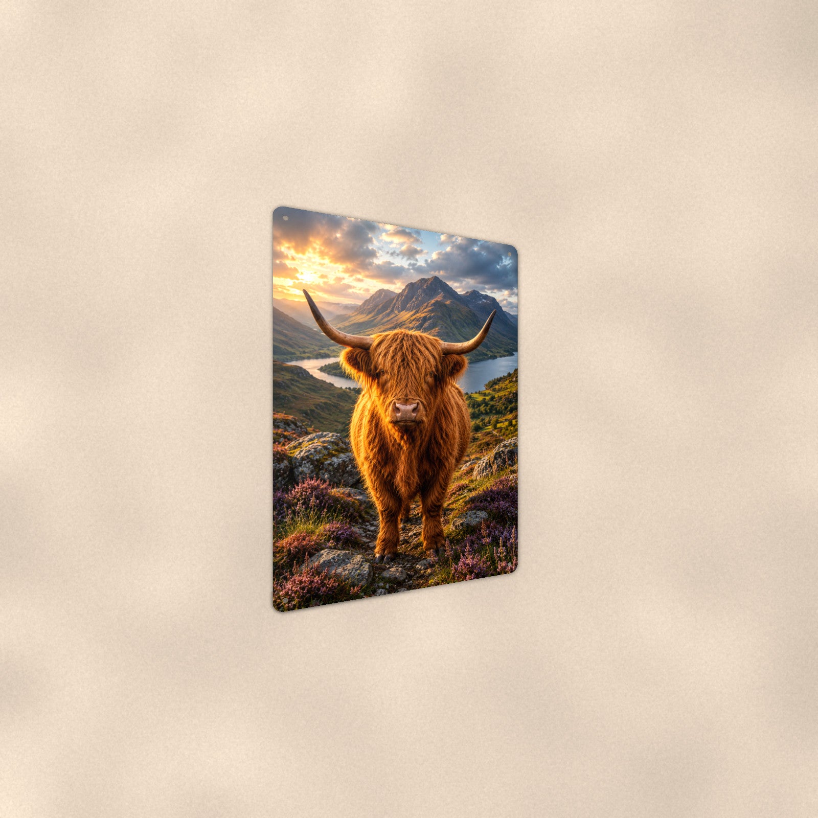 Highland Cow Above the Loch aluminum metal sign 8" x 12" - angled wall view from a wider angle