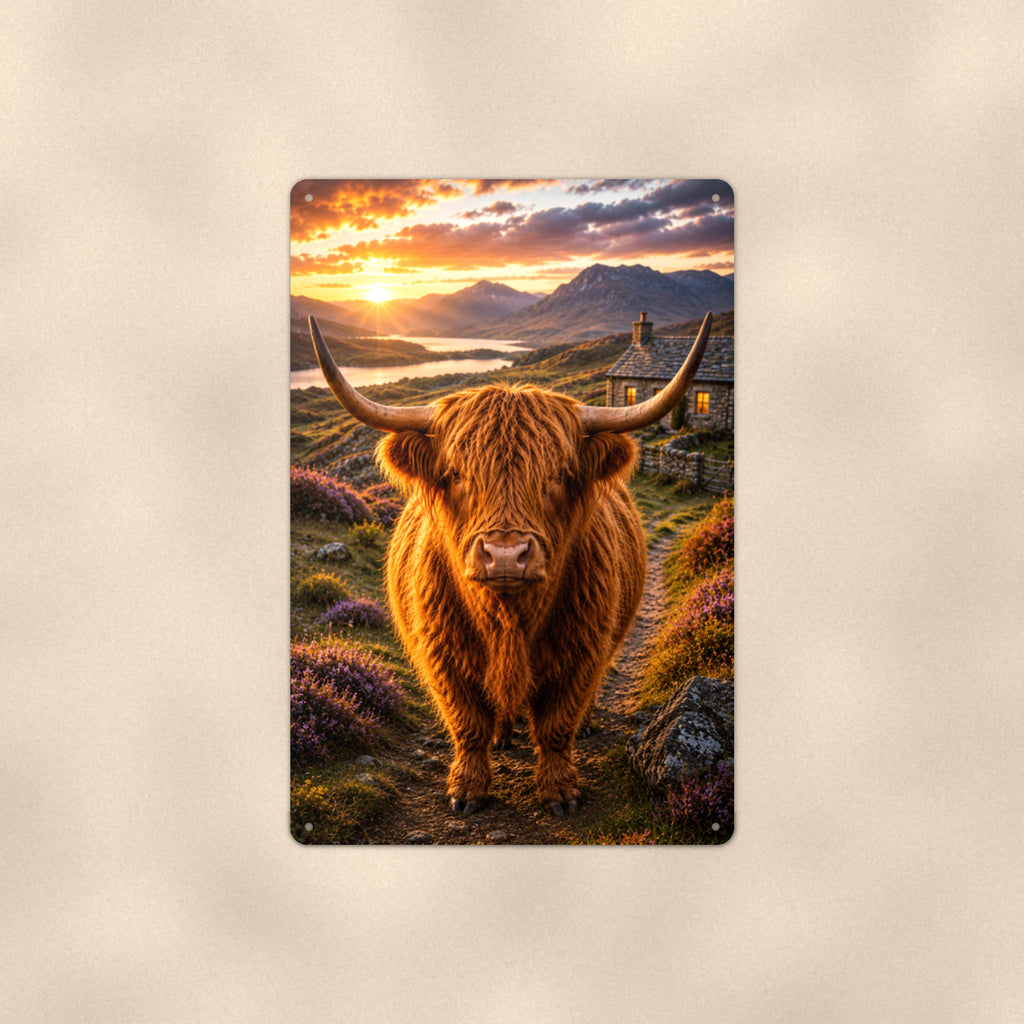 Highland Cow on Cottage Path aluminum metal sign 8" x 12" - front view on warm wall