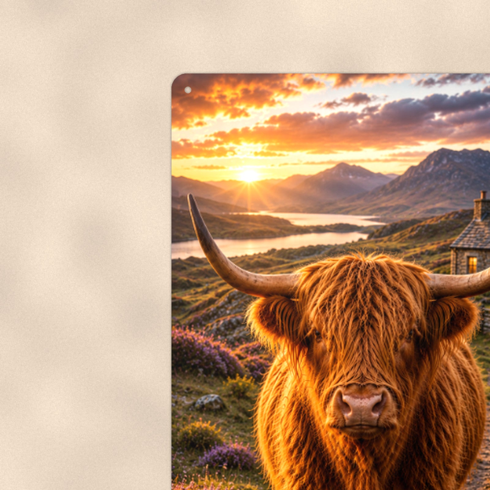 Highland Cow on Cottage Path aluminum metal sign 8" x 12" - close-up view of the printed artwork