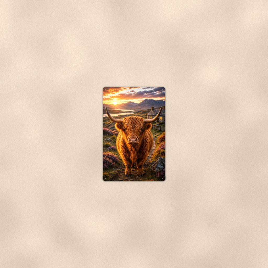 Highland Cow on Cottage Path aluminum metal sign 8" x 12" - room view on warm wall