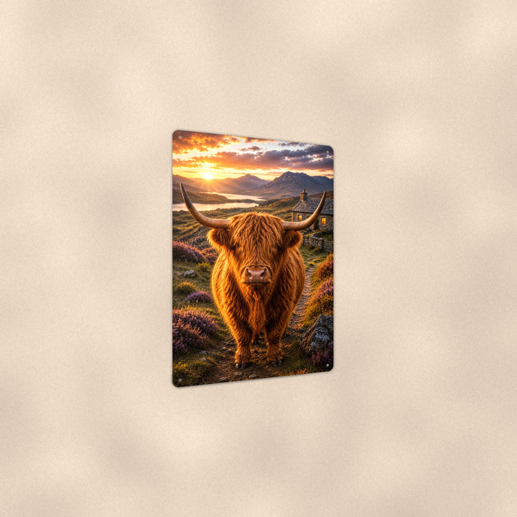 Highland Cow on Cottage Path aluminum metal sign 8" x 12" - angled view showing glossy finish