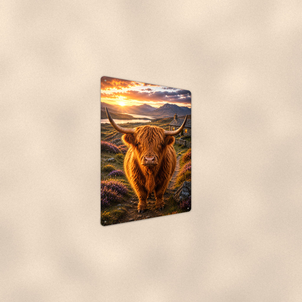 Highland Cow on Cottage Path aluminum metal sign 8" x 12" - angled wall view from a wider angle