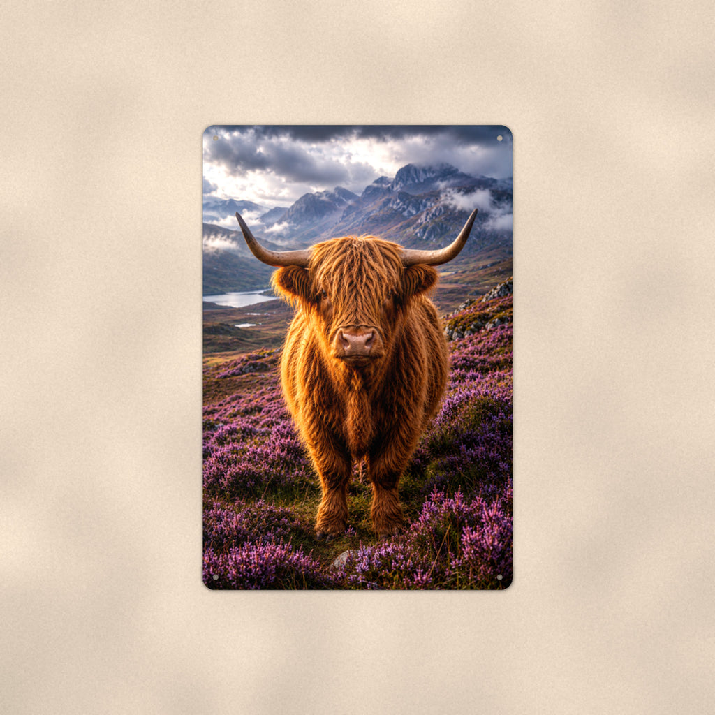 Highland Cow Misty Mountain aluminum metal sign 8" x 12" - front view on warm wall