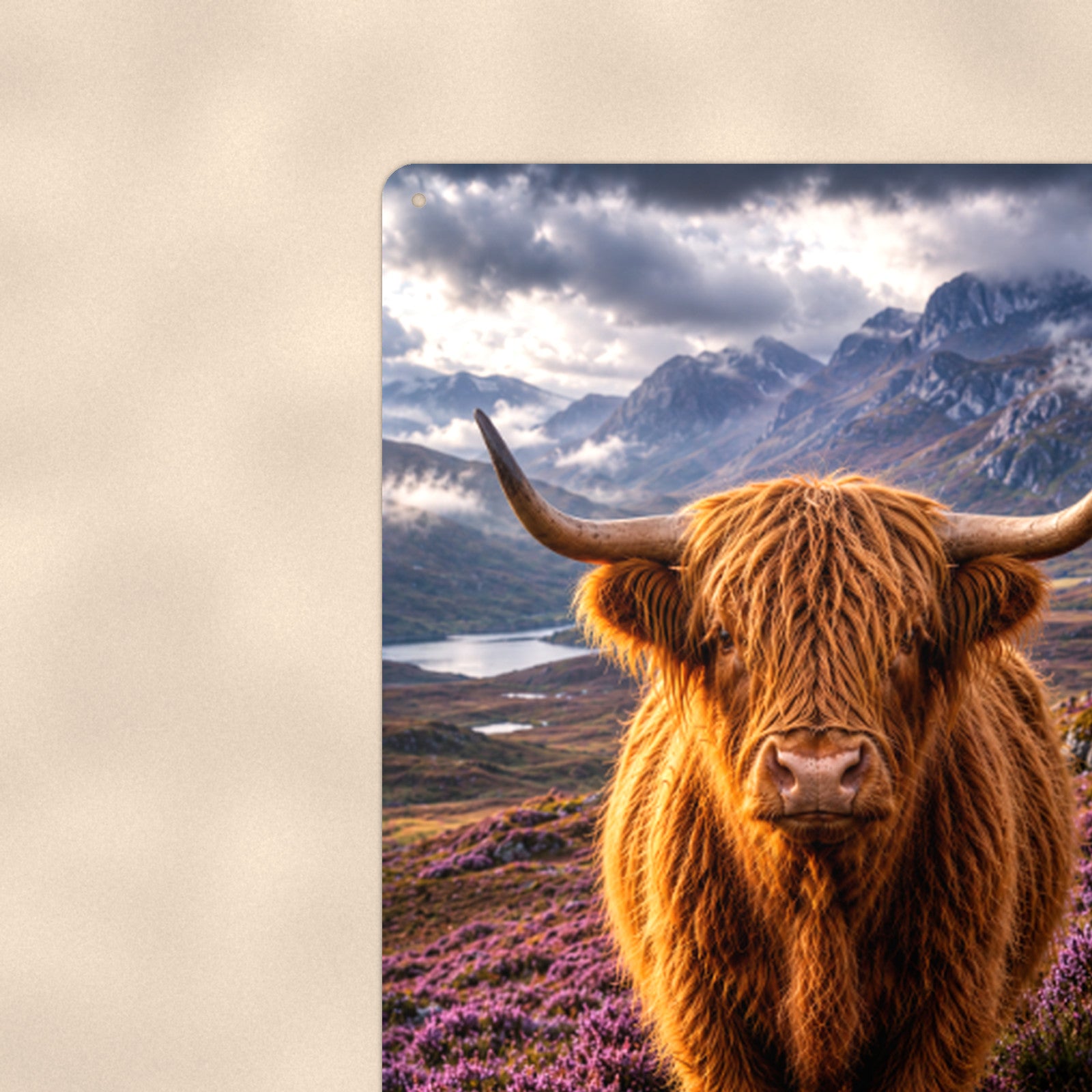 Highland Cow Misty Mountain aluminum metal sign 8" x 12" - close-up view of the printed artwork