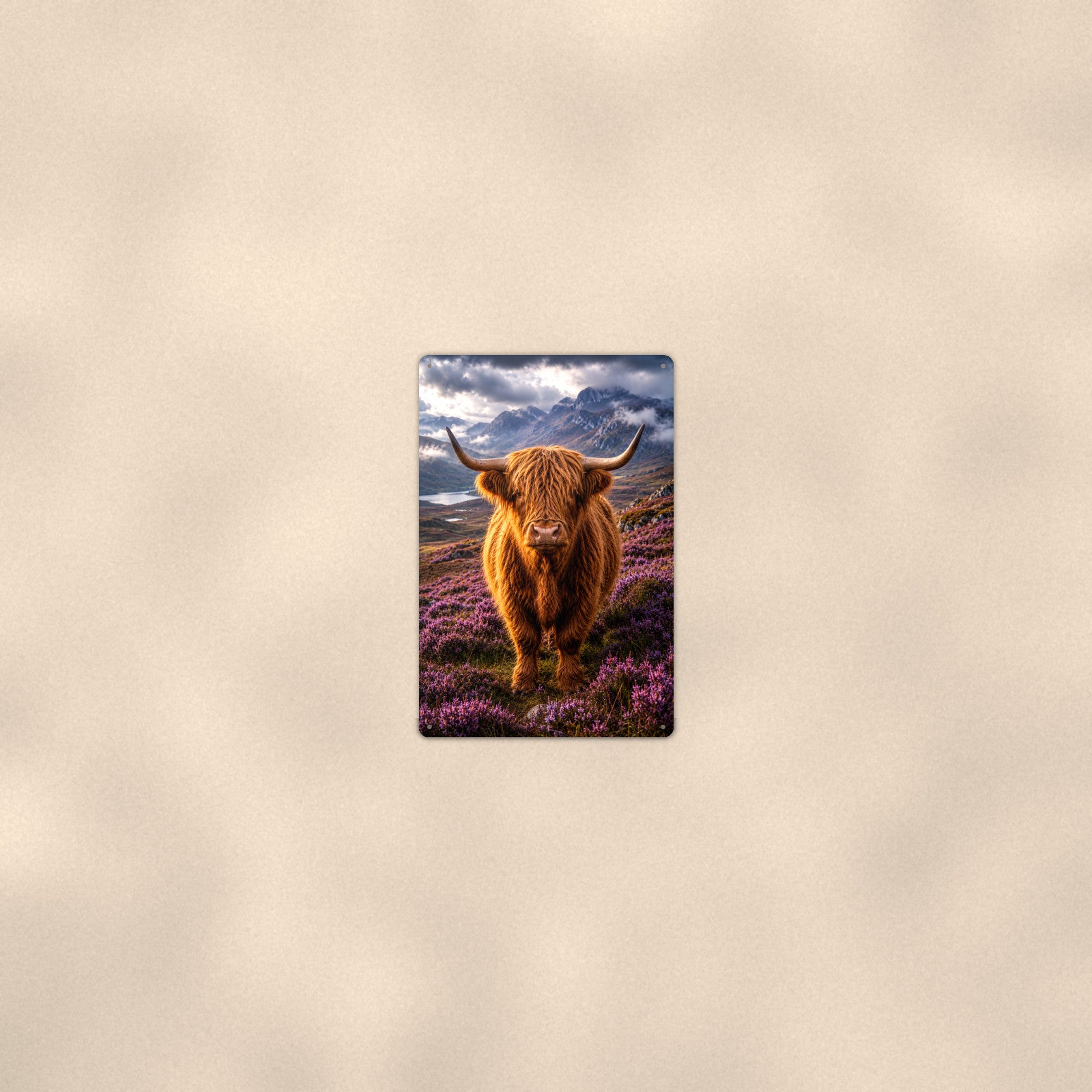 Highland Cow Misty Mountain aluminum metal sign 8" x 12" - room view on warm wall
