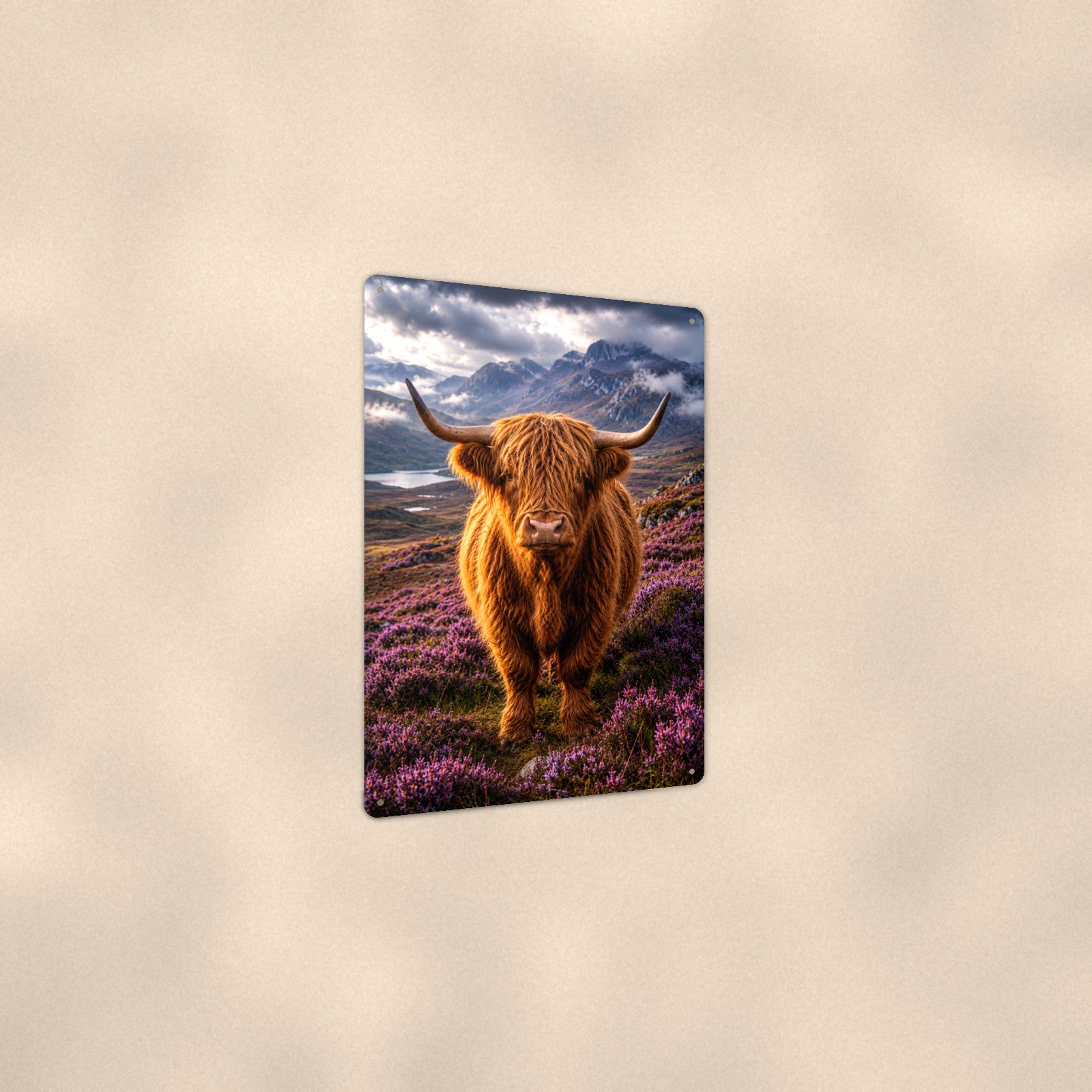 Highland Cow Misty Mountain aluminum metal sign 8" x 12" - angled view showing glossy finish