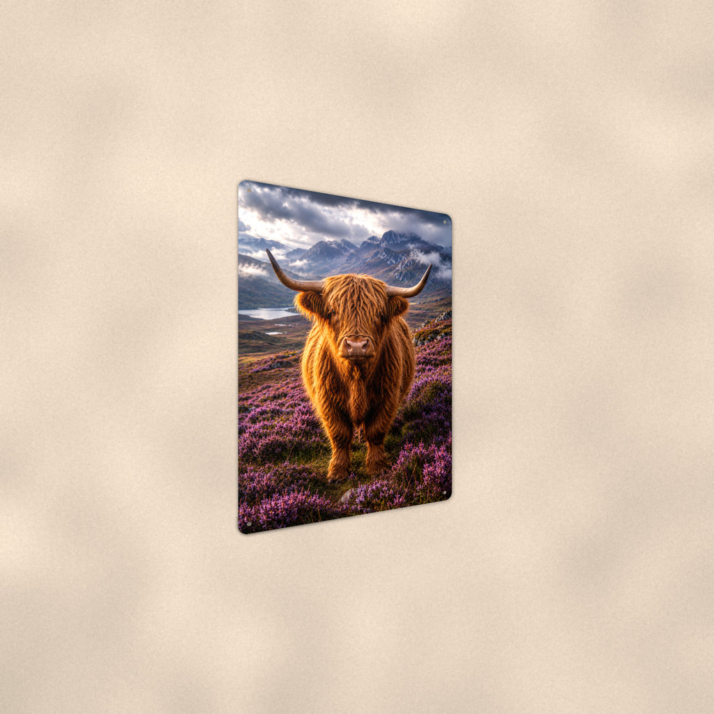 Highland Cow Misty Mountain aluminum metal sign 8" x 12" - angled wall view from a wider angle