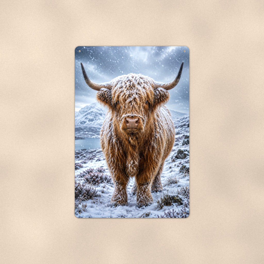 Snow-Covered Highland Cow aluminum metal sign 8" x 12" - front view on warm wall