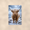 Snow-Covered Highland Cow aluminum metal sign 8" x 12" - front view on warm wall
