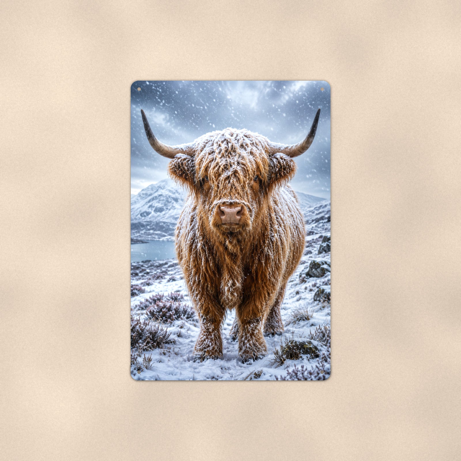 Snow-Covered Highland Cow aluminum metal sign 8" x 12" - front view on warm wall