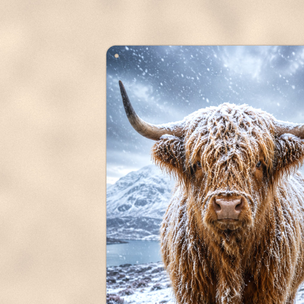Snow-Covered Highland Cow aluminum metal sign 8" x 12" - close-up view of the printed artwork