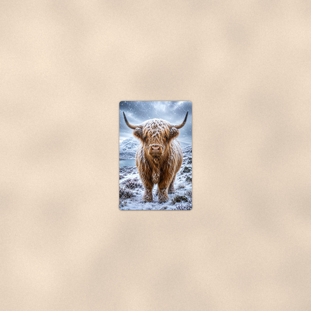 Snow-Covered Highland Cow aluminum metal sign 8" x 12" - room view on warm wall