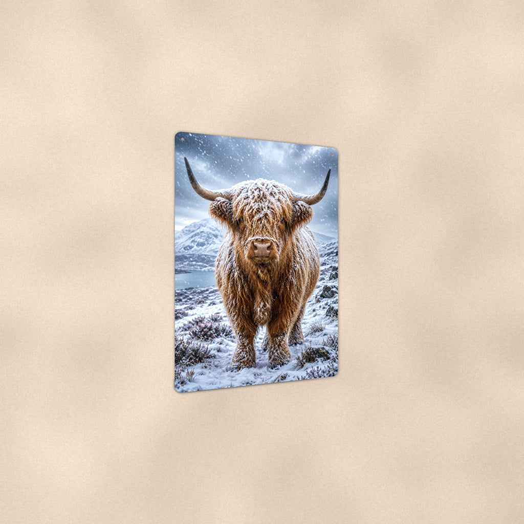 Snow-Covered Highland Cow aluminum metal sign 8" x 12" - angled view showing glossy finish