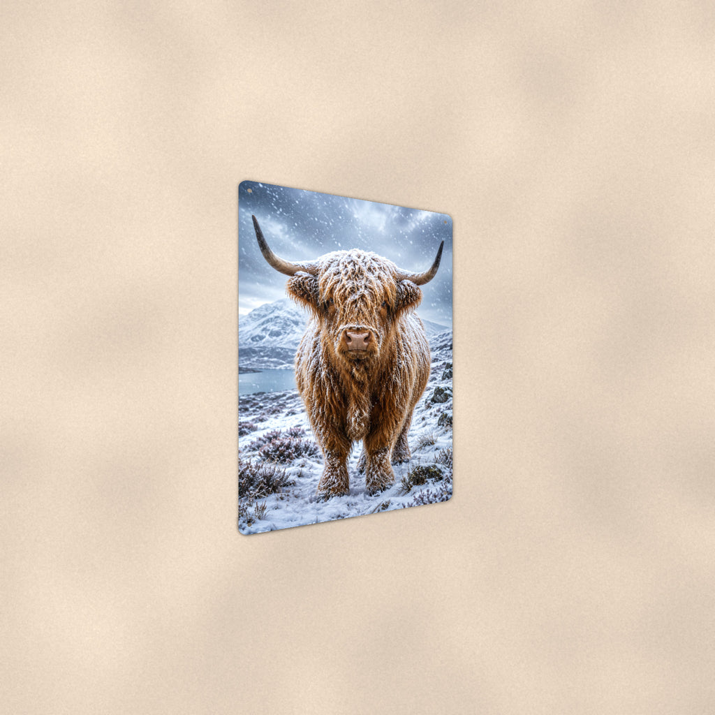 Snow-Covered Highland Cow aluminum metal sign 8" x 12" - angled wall view from a wider angle