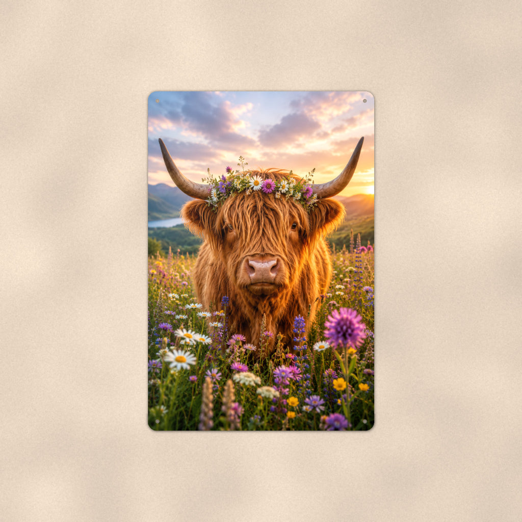 Highland Cow with Flower Crown aluminum metal sign 8" x 12" - front view on warm wall