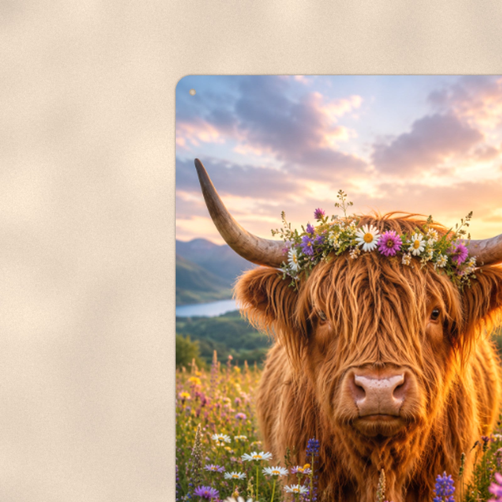 Highland Cow with Flower Crown aluminum metal sign 8" x 12" - close-up view of the printed artwork