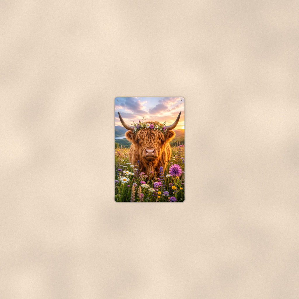 Highland Cow with Flower Crown aluminum metal sign 8" x 12" - room view on warm wall