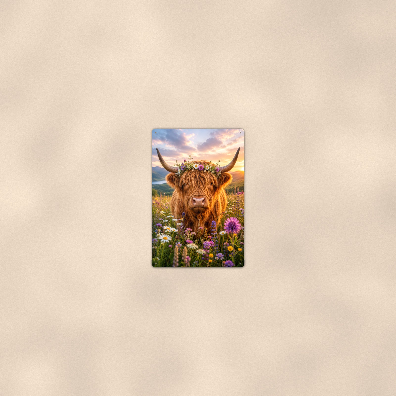 Highland Cow with Flower Crown aluminum metal sign 8" x 12" - room view on warm wall